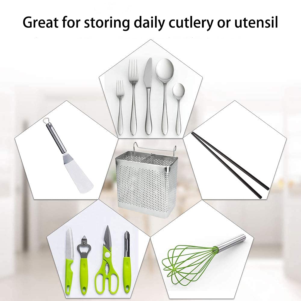 Scolaposate da Cucina, Cestello per Posate, Organizzatori Porta Spugne, Portaposate Scolaposate in Acciaio Inox, con 2 Scomparti, per Posate e Utensili da Cucina (A)