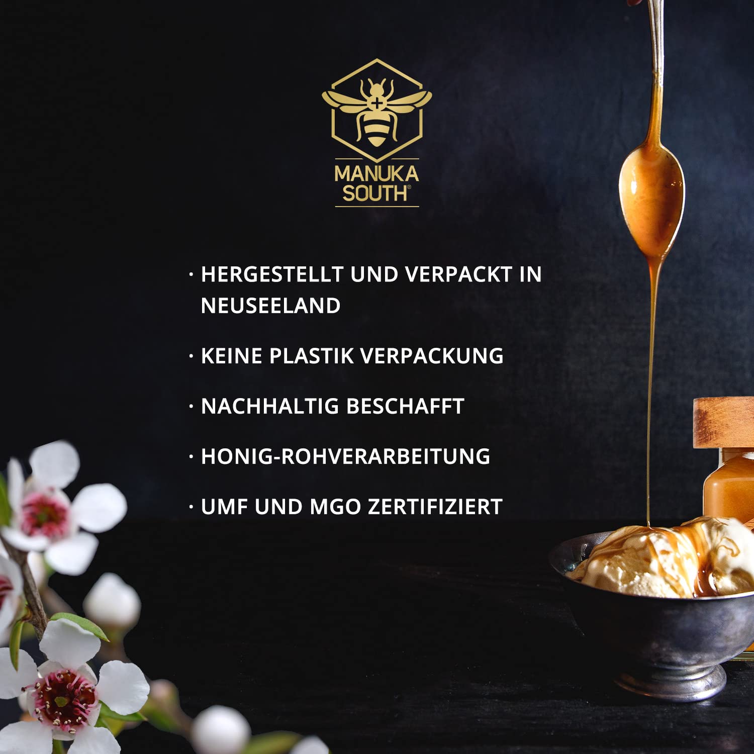 Manuka South Honig MGO 1122+ (UMF24+) 340g - Honigglas mit edlem Buchenholz Deckel - Premium Manuka-Honig aus Neuseeland mit Gold-Verpackung - roh und naturbelassen - exklusive Geschenkidee