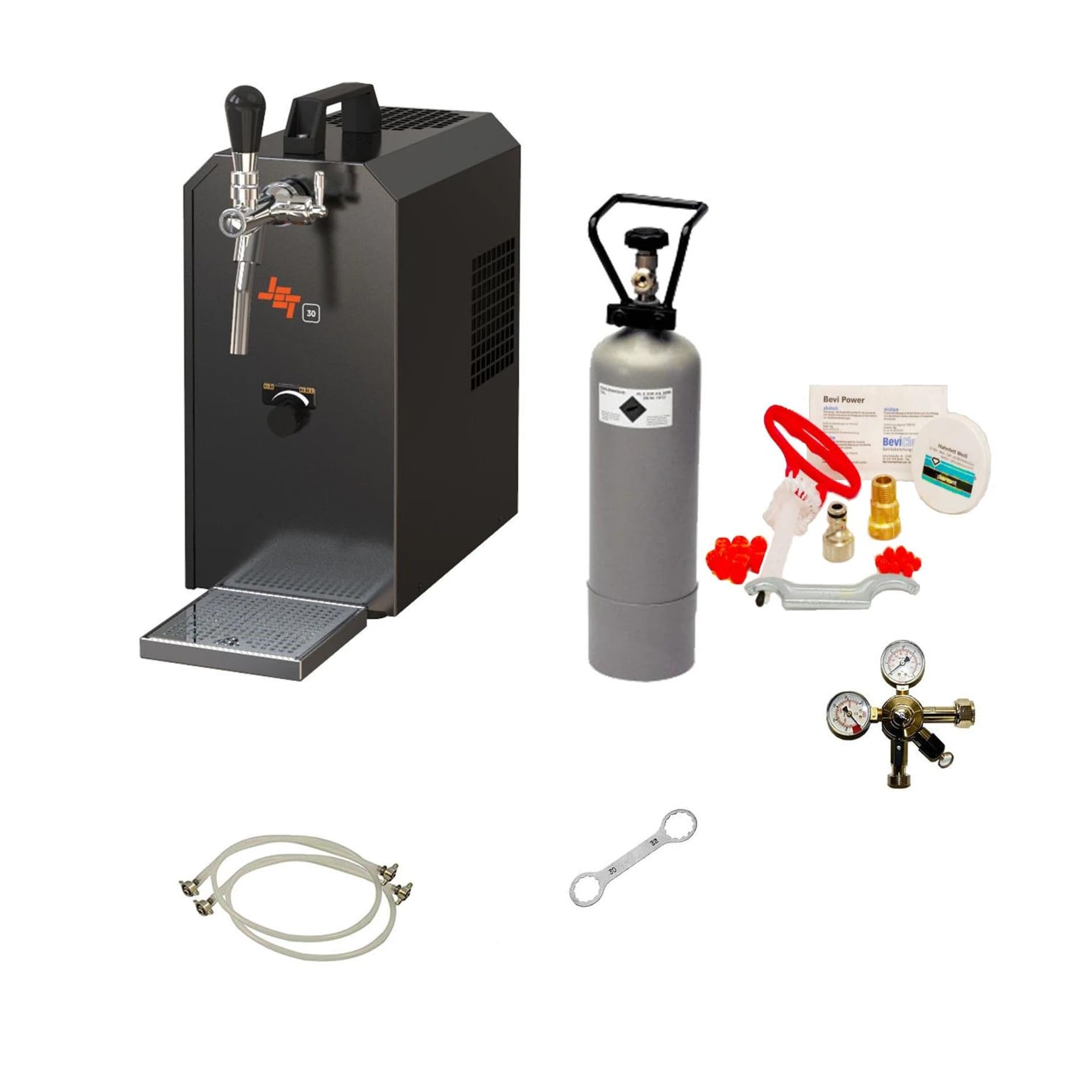 Komplett Set Zapfanlage Jet 30 Bierkoffer Durchlaufkühler 1-leitig Trockenkühler 35L/h Reinigungsset CO2 Flasche Druckminderer Zapfkopf NC Adapter