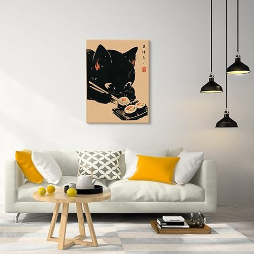 Miniatura 6 de AAWYXEEW Bonito póster de sushi con gato negro que come sushi japonés, arte de pared, divertido arte de comida de animales, impresiones artísticas