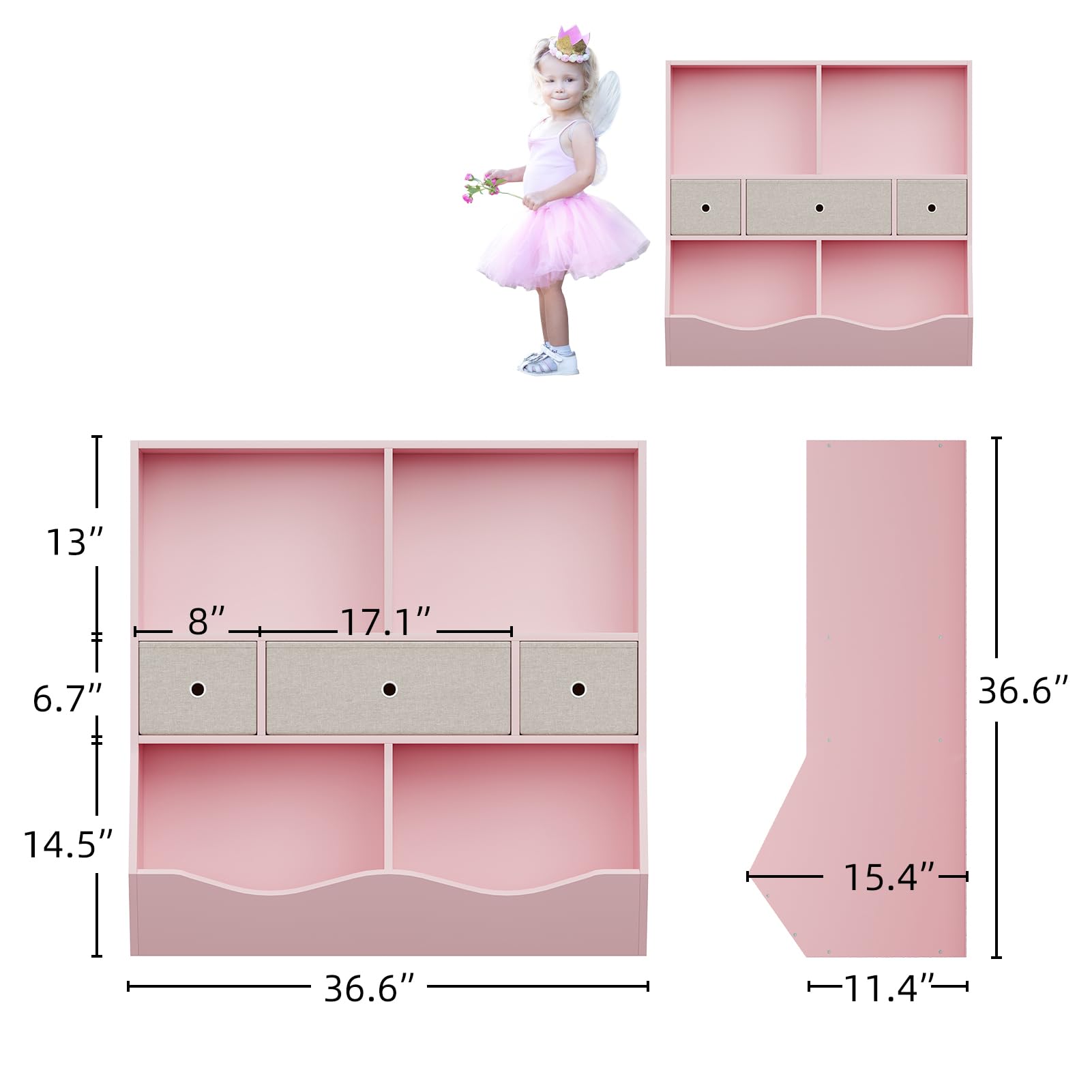 Garvee Vielseitiges Kinder Bücherregal & Spielzeugregal – Mehrere Ablagen, 7 Fächer, 2 Bücherfächer, 3 herausnehmbare Schubladen – Aufbewahrungsschrank für Kinderzimmer, Spielzimmer, Flur,
