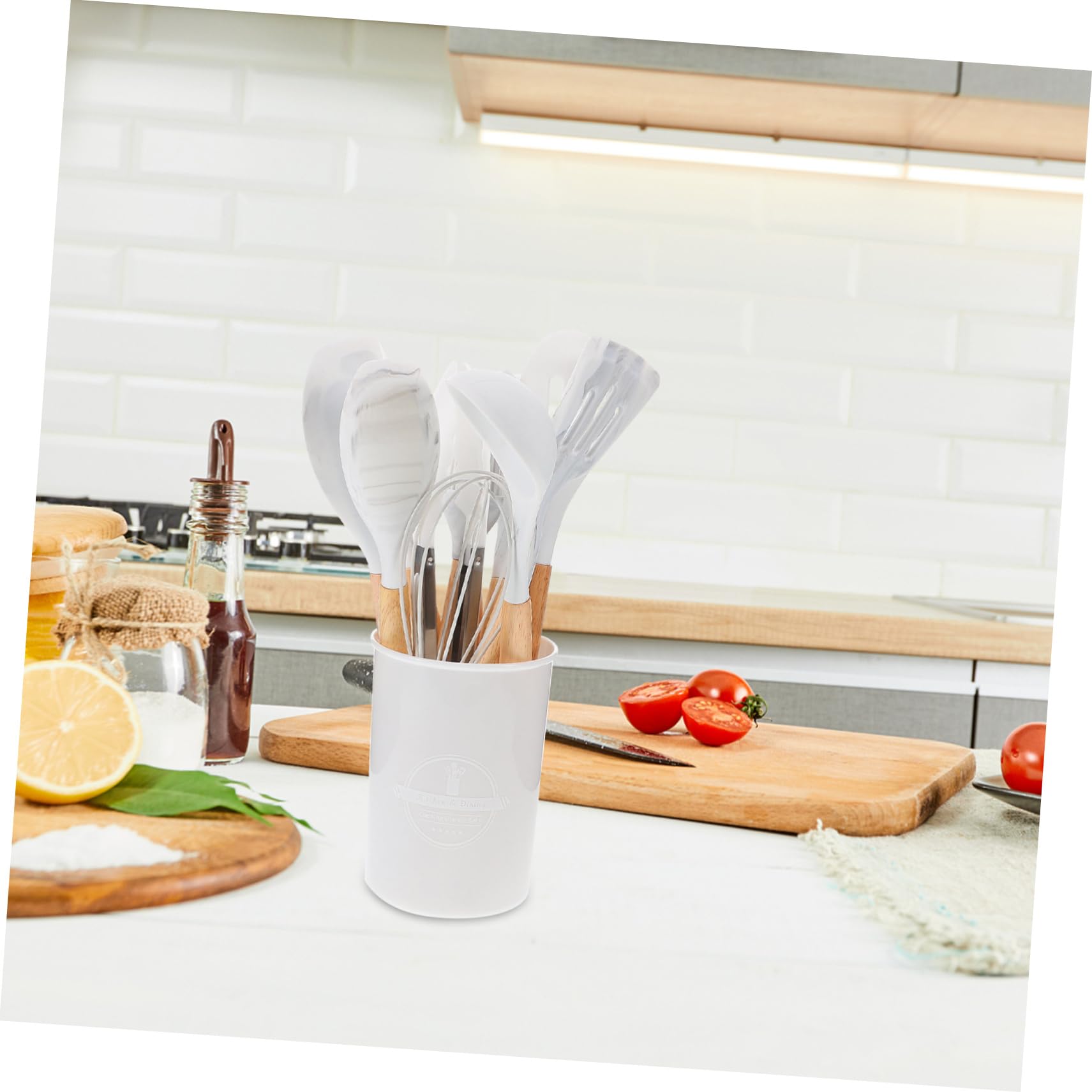 12pezzi Utensili Da Cucina Silicone Contenitore Strumenti Antiaderenti e Manici Legno Ergonomici Per Cucinare Comodità e Stile