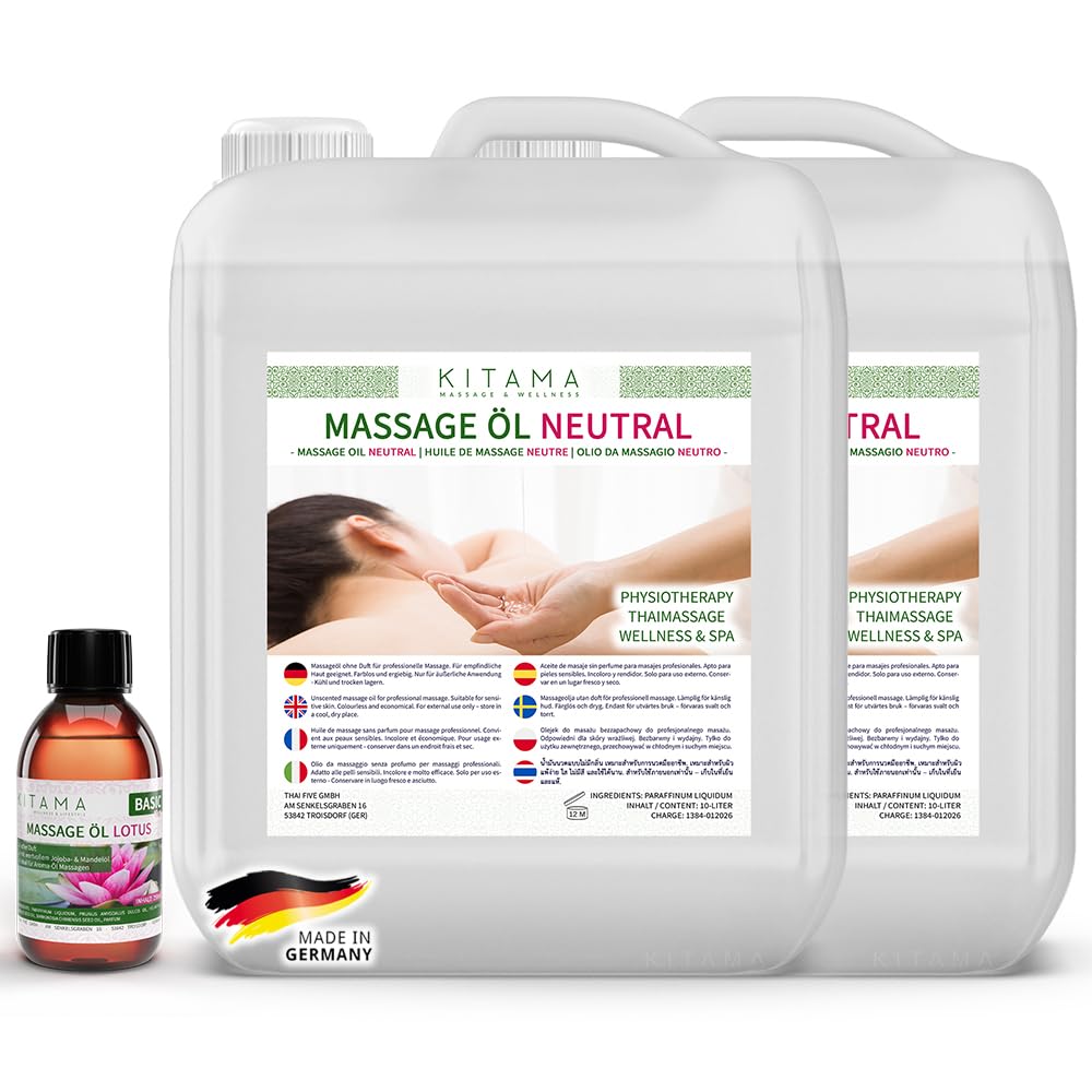 Kitama Massageöl Neutral 2x10L Duftlos + Aromaöl Lotus 250ml | Geruchsloses & hypoallergenes Massageöl ohne Parfum für Allergiker. Set inkl. 250ml Aroma-Öl für Thaimassage & Physio