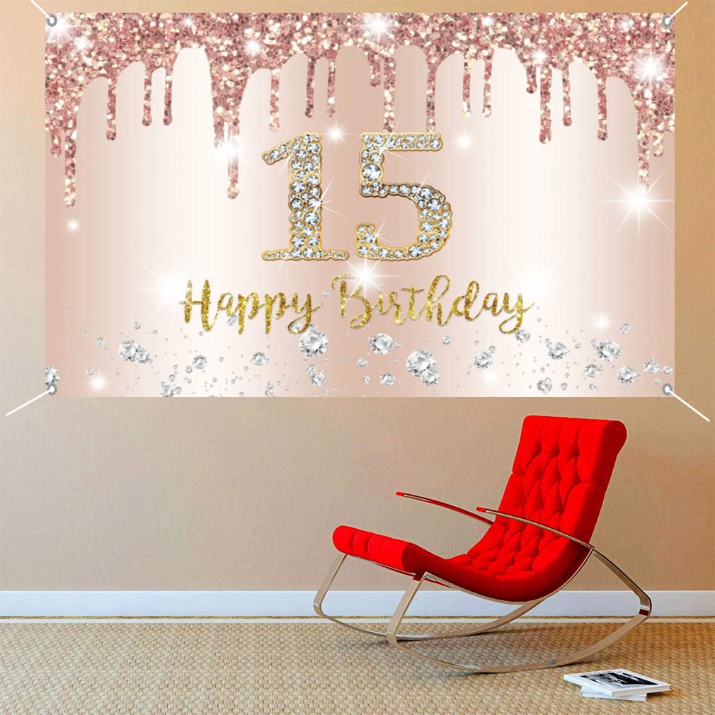 15th Birthday Decorations For Girl, Happy 15 Years Old Fabric Sign Poster Rosegold Backdrop Door Banner, 15th Birthday Party Supplies Photo Background