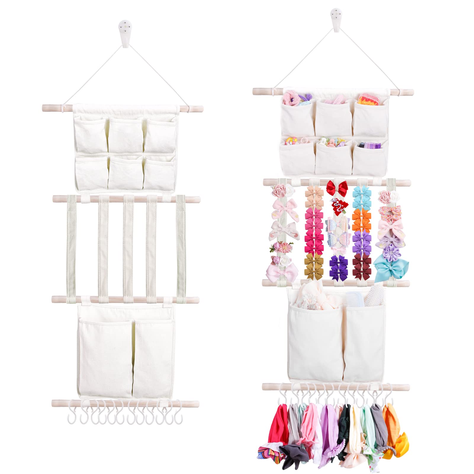 cherrboll Hair Bows Holder Headband Organizer for Girls, Hair Clips Hanger Storage with Hooks, Wall Hanging Decor for Nursery Room