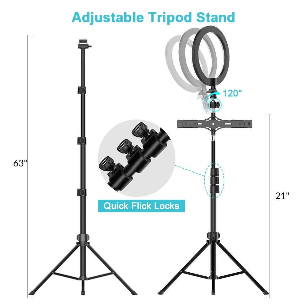 10"Selfie-Ringlicht mit 63" Stativ-Ständer, Bluetooth-Fernbedienung, 3 Handy-Halterungen & Mikrofon-Clip, Circle Lights LED-Ringlicht für Tik Tok/YouTube Videos, Make-Up, Fotografie & Live-Streaming