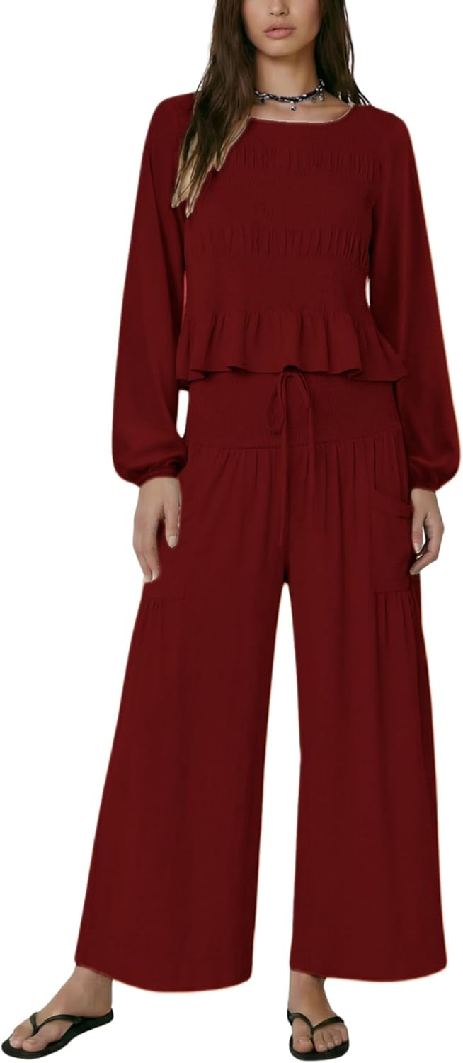 Womens Boho 2-Piece Smocked Lounge Set Long Sleeve Ruffle Top Wide Leg Pants