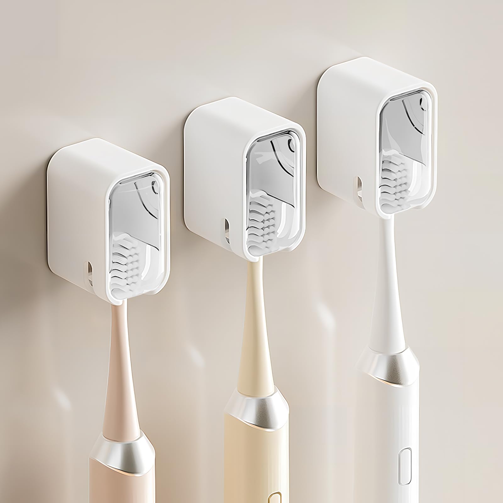Wall Mounted Toothbrush Holders for Bathroom,Strong Self Adhesive Tooth Brush Holder with Cover, Toothbrush Heads Organizer for Family, 3 Pcs Clear White