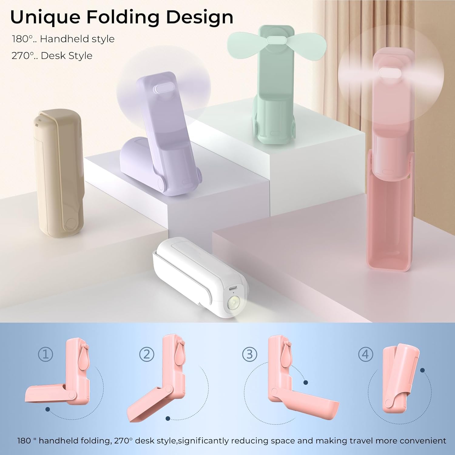 Portable Mini Handheld Fan,3 IN 1 Personal Travel Foldable Rechargeable Hand Pocket Fan,Flashlight,Table Fan,Birthday Gifts for Eyelash Girls Women Mom(Pink) - Image 4