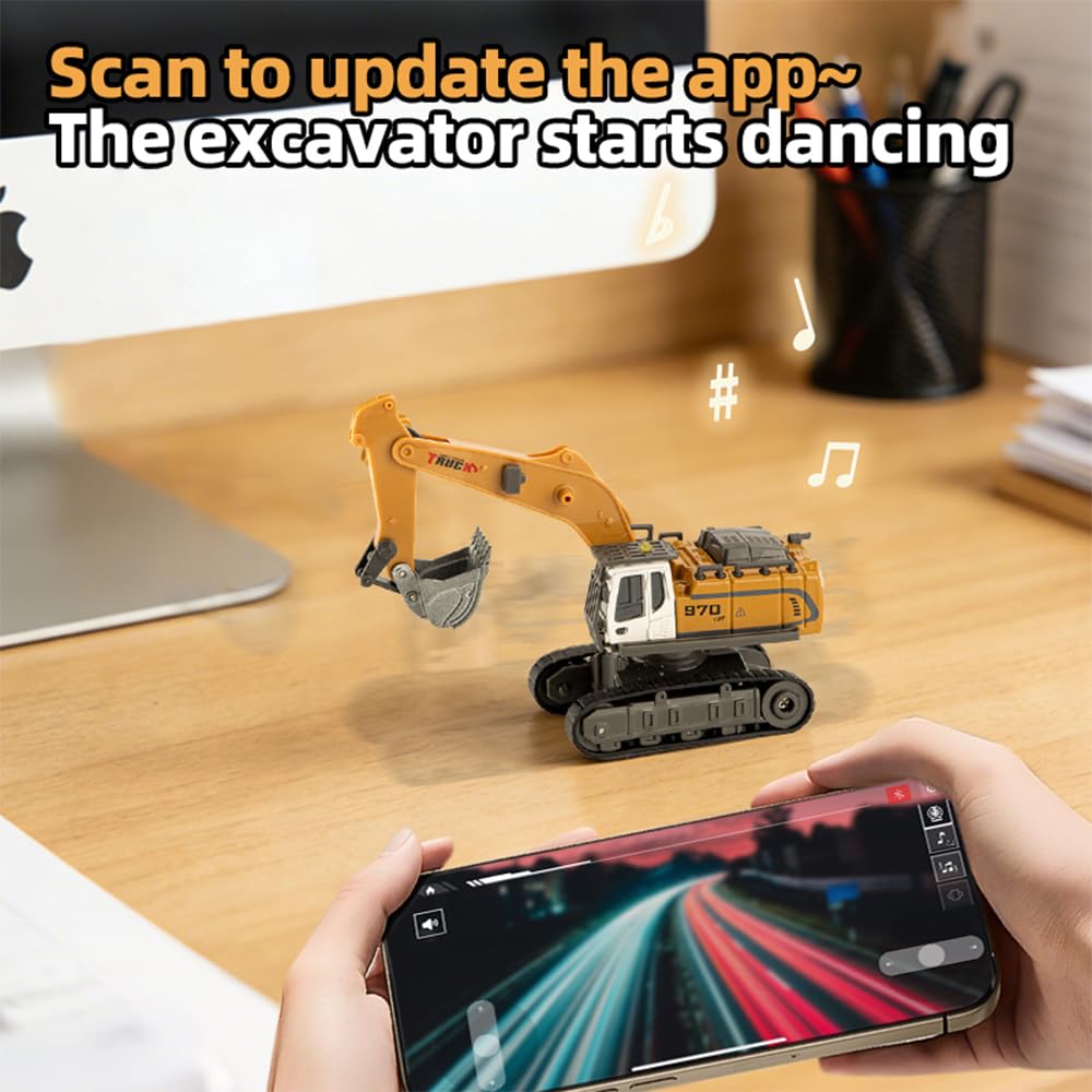 X-Verse 1:64 juguete de excavadora teledirigida, mini excavadora RC con luz y efectos de sonido, rotación de 320°, vehículo de construcción teledirigido para niños, juguete para niños, regalo