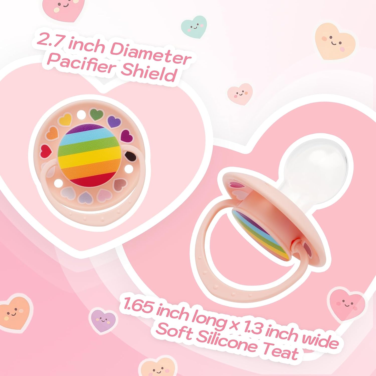 Round Pacifier Silicone Nipple: Cute Rainbow Big Adult-Size Shield Binky for Anxiety - Heart Paci for Autism Sensory Stress Relief Gifts Pink with Case
