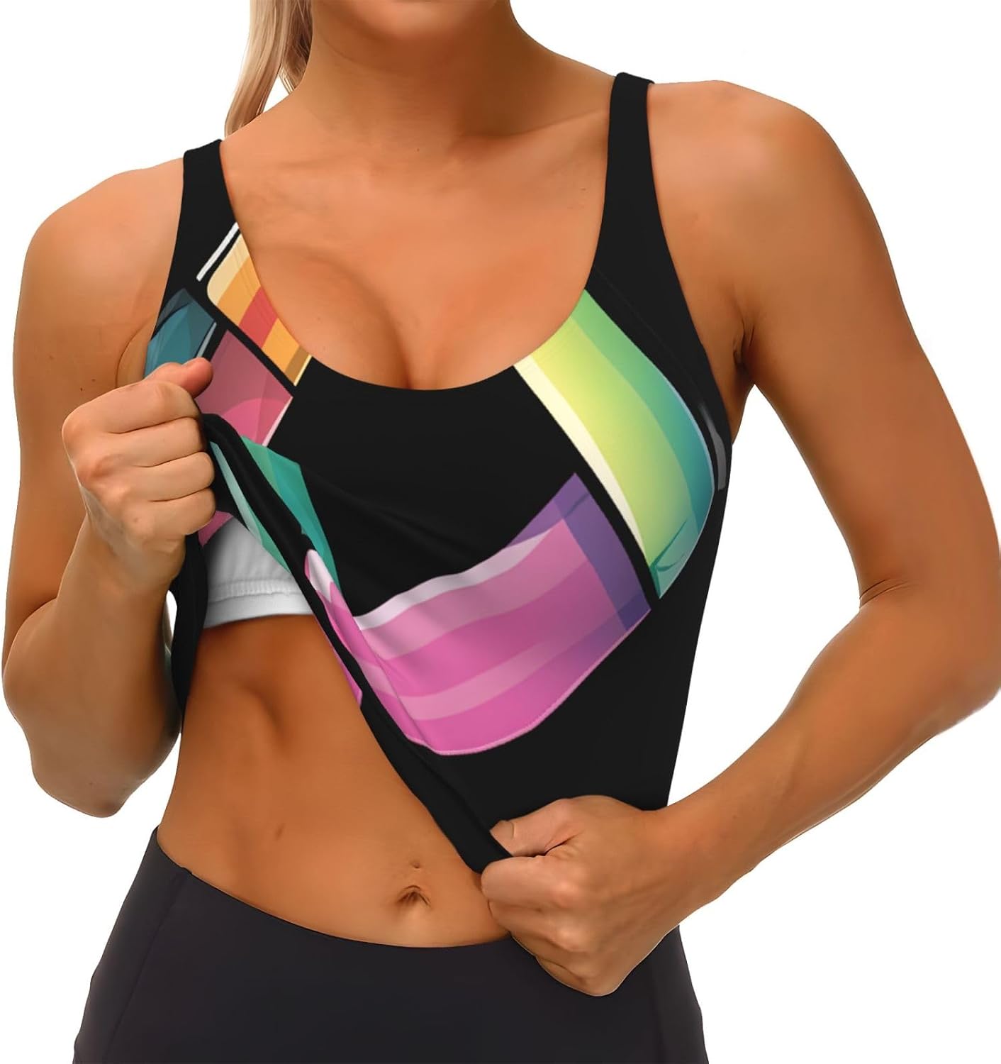 Women's Sports Vest DDCXZPP Colorful rhombus Printing Soft, Comfortable, Lightweight, and Breathable, Black, Large