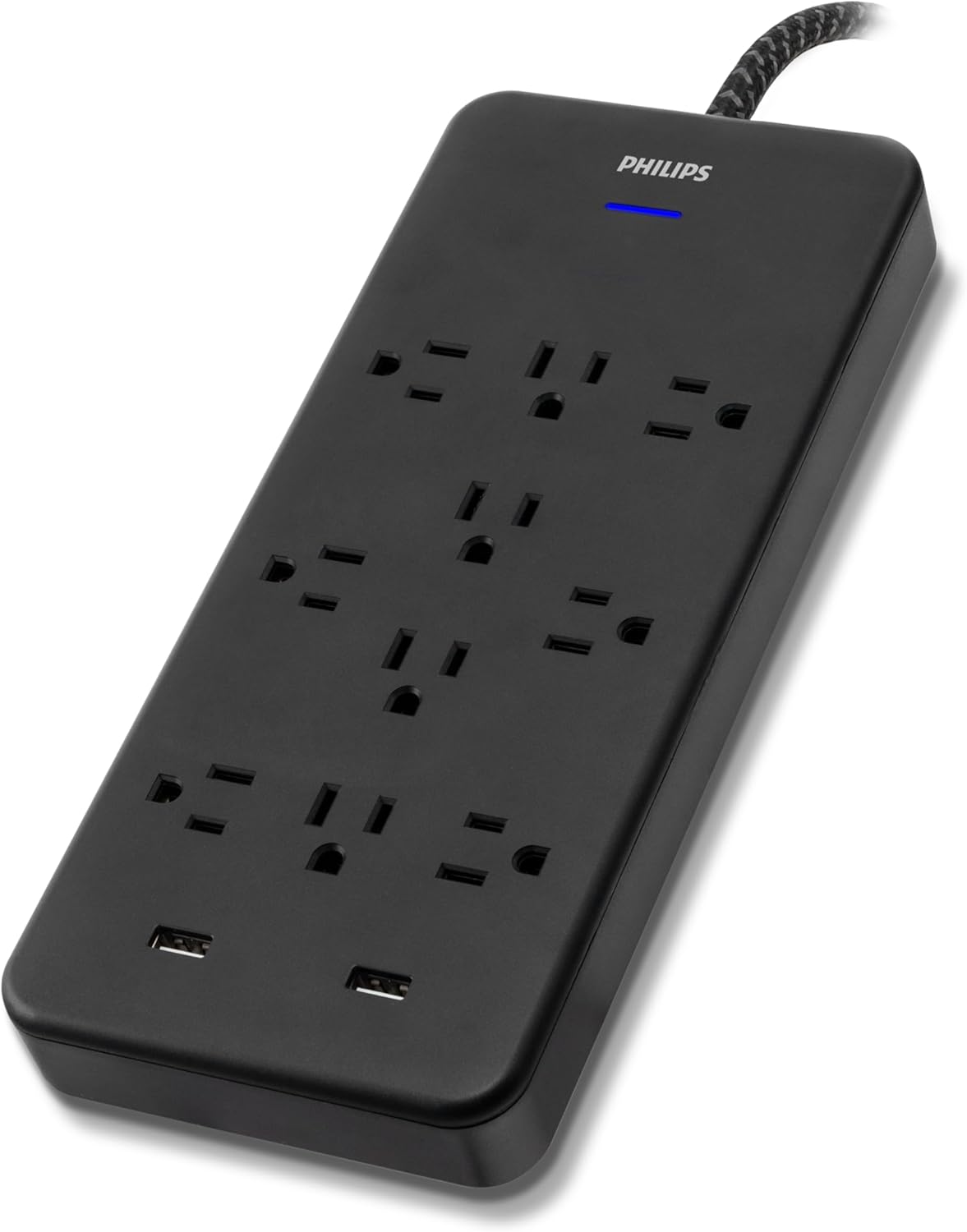 Philips EZFit 10-Outlet Surge Protector Power Strip, 6 Ft Braided Extension Cord, 2 USB Ports, Widely Spaced Outlets, Flat Plug, for Home Office Dorm Essentials, 2880 Joules, Black, SPP3403B/37