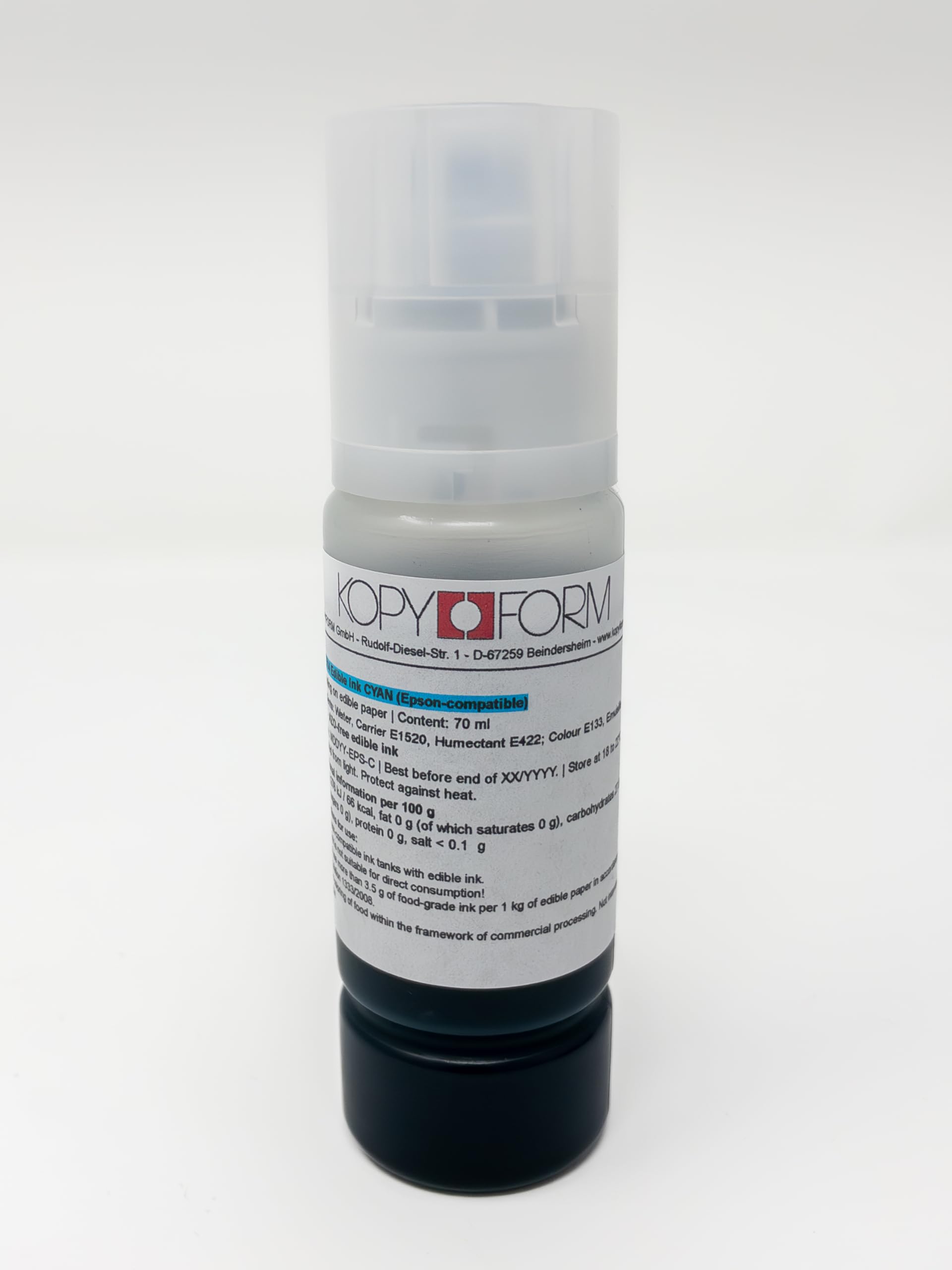 Lebensmitteltinte für EPSON Drucker 4x70ml Set (Schwarz, Gelb, Magenta, Cyan), CISS-Systeme und EcoTank-Drucker der Marke EPSON; mit Adapter für eine leichte Befüllung (KOLE070)
