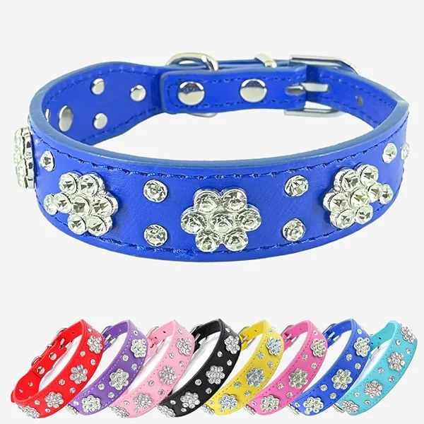 Rhinestone Flower Dog Collar - Sparkling Leather Pet Collar - for Small and Medium Dogs (Dark Blue S)