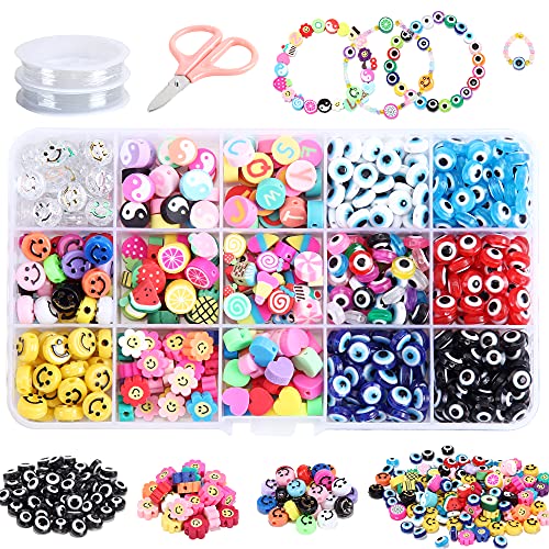 420PCS Fruit Smile Face Handmade Polymer Clay Beads Kit 15 Styles Letter Bead Evil Eye Beads for Women Jewelry Making DIY Bracelet Necklace Earring Accessories with Crystal Elastic String