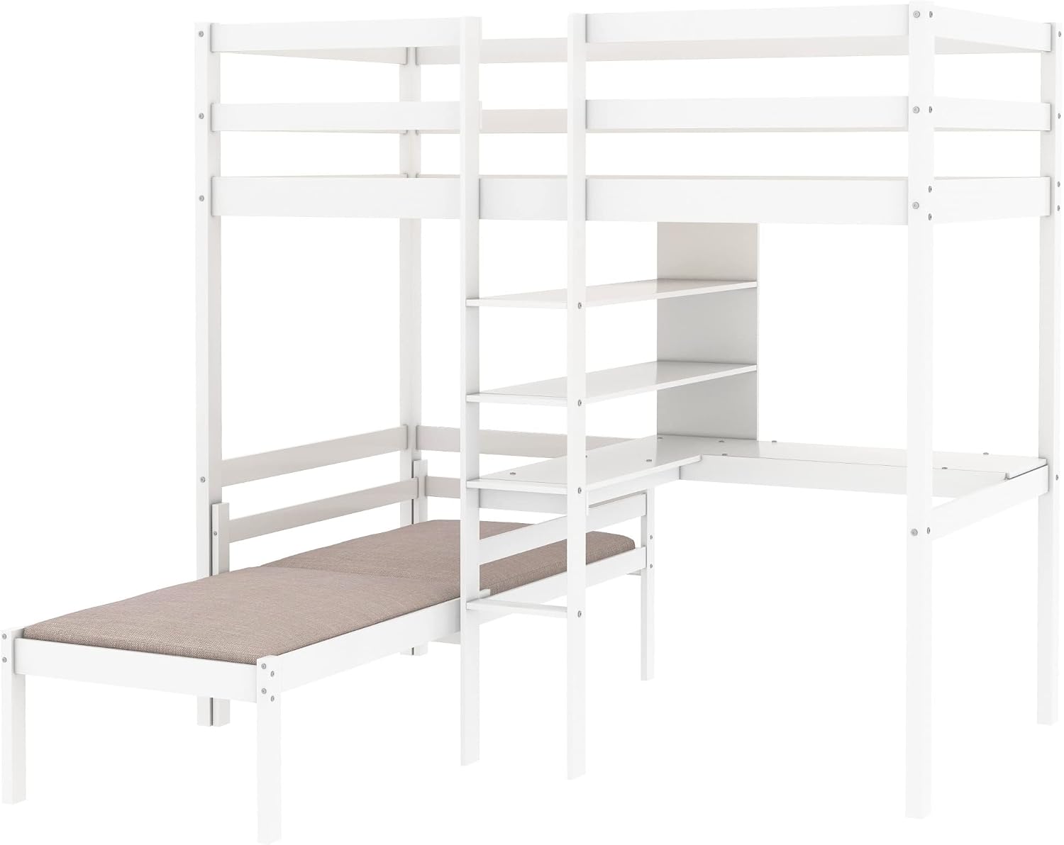 Angle view of the Flieks bunk bed showing the integrated desk, shelves, and trundle bed.