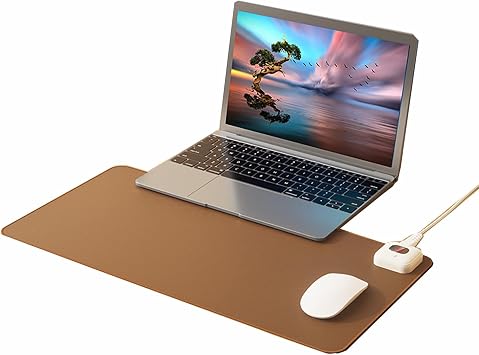 Heated Mouse Mat - Electric Warm Desk Pad with Adjustable Heat Levels, Auto Shut-Off, and Large PU Leather Mouse Pad Brown, 20.4 * 10.2 inches