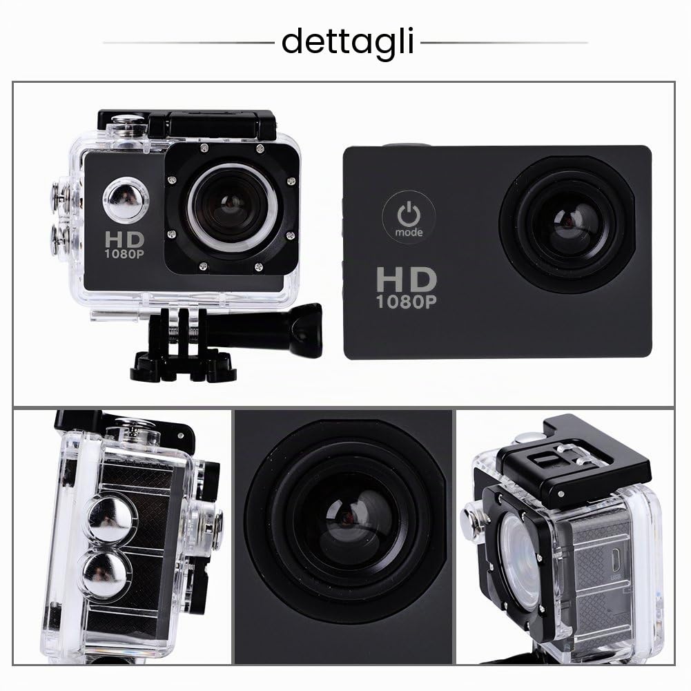 4K Action Camera,12MP 1080p Full HD impermeabile 30M, obiettivo grandangolare 140,batterie ricaricabili 900mAh, fotocamera subacquea con schermo LCD da 2.0"e kit di accessori di montaggio(Nero)