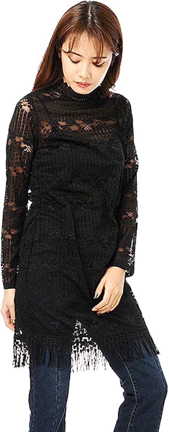 Amazon Co Jp Duras デュラス 裾フリンジレースワンピース D F フリー Black ブラック 服 ファッション小物