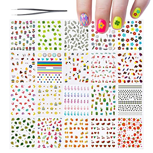 Nail Stickers For Younger Girls (20 Sheets) And 1 Nail Art Tweezers, Flowers Leaf Fruits Flamingo Animals Graffiti Self-Adhesive Designer Nail Polish Stickers Decals For Younger Girls Nail Salon/Home #TOP24