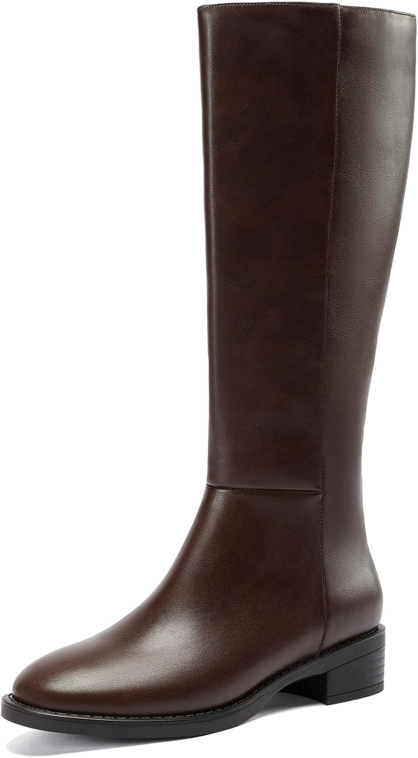 DOBOLIN Wide Calf Knee High Boots for Women, Round Toe, Low Block Heel