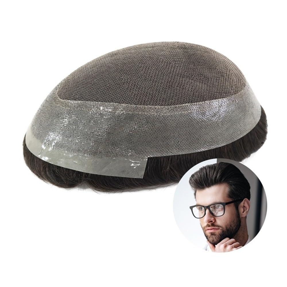 Men's Toupee Protesi capillare con base in capelli umani for uomo, con parte superiore in pizzo e perimetro in polyskin.(7x9)