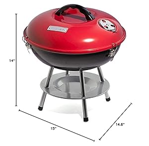 Cuisinart 14" Portable Charcoal Grill, Tabletop Outdoor Small Grill with Locking Lid and Dual Vents, Chrome Plated Travel Size BBQ Perfect for Camping, Tailgates, Cookouts, Red