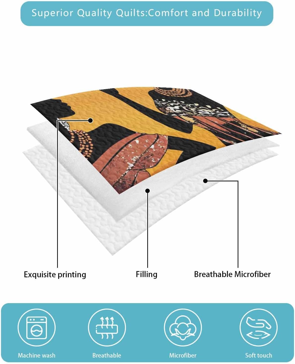 Quilts Queen Size Bedding Set, Black Orange Girls Boho Lightweight Quilted Comforter, Vintage Ethnic Abstract Art Soft Reversible Bedspread Coverlet with Pillow Covers for All Season, 90" x 96"