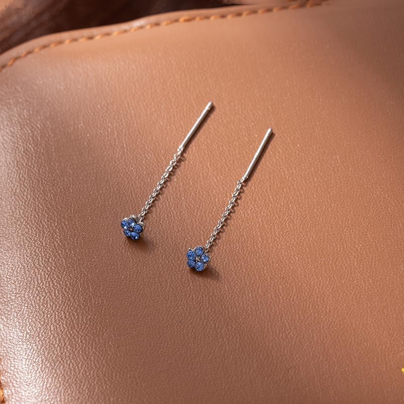 18K Gold Plated Sterling Silver Blue Flower Threader Earrings – Statement Delicate Floral Drop Chain Design for Pierced Ears - Image 3