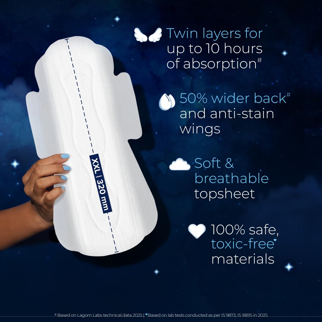 Nua All Night Comfort Sanitary Pads | Pack of 10 (XL++ 320mm) | Twin Layer Protection | 50% Wider Back and Anti Stain Wings | Upto 10 Hours of Absorption | Super Soft and Breathable | No Rashes | 100% Toxic-Free 3