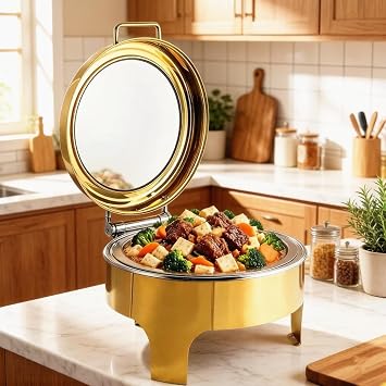 1 Pack 6.8-Quart Gold Round Chafing Dishes, Stainless Steel Chafers and Buffet Warmers Sets w/Water Pan, Food Pan, Fuel Holder and Lid