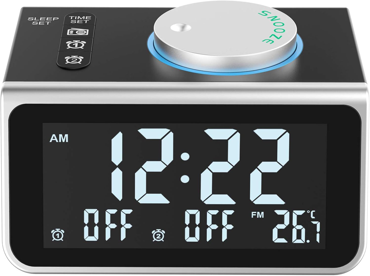 LATME-Alarm-Clock-Radio-for-Heavy-Sleepers W Dual Alarms,3.2'' Digital Display and Dimmer,7 Alarm Sounds,Snooze,2 USB Ports,Bedside FM Radio Clocks with Temp for Bedrooms/Kitchen/Office (Black-Grey)