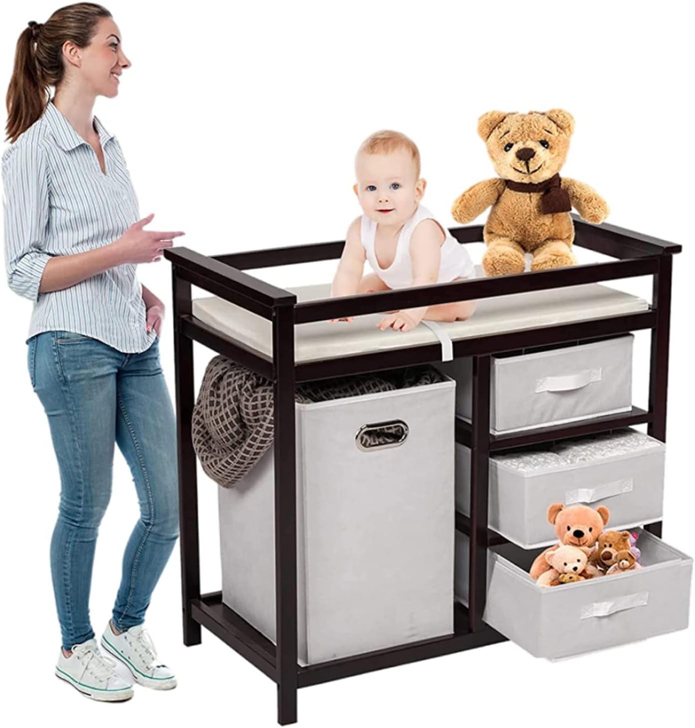 Baby Changing Table - Diaper Changing Table with Laundry Hamper, 3 Storage Basket, Changing Pad & Safety Belt (Brown)
