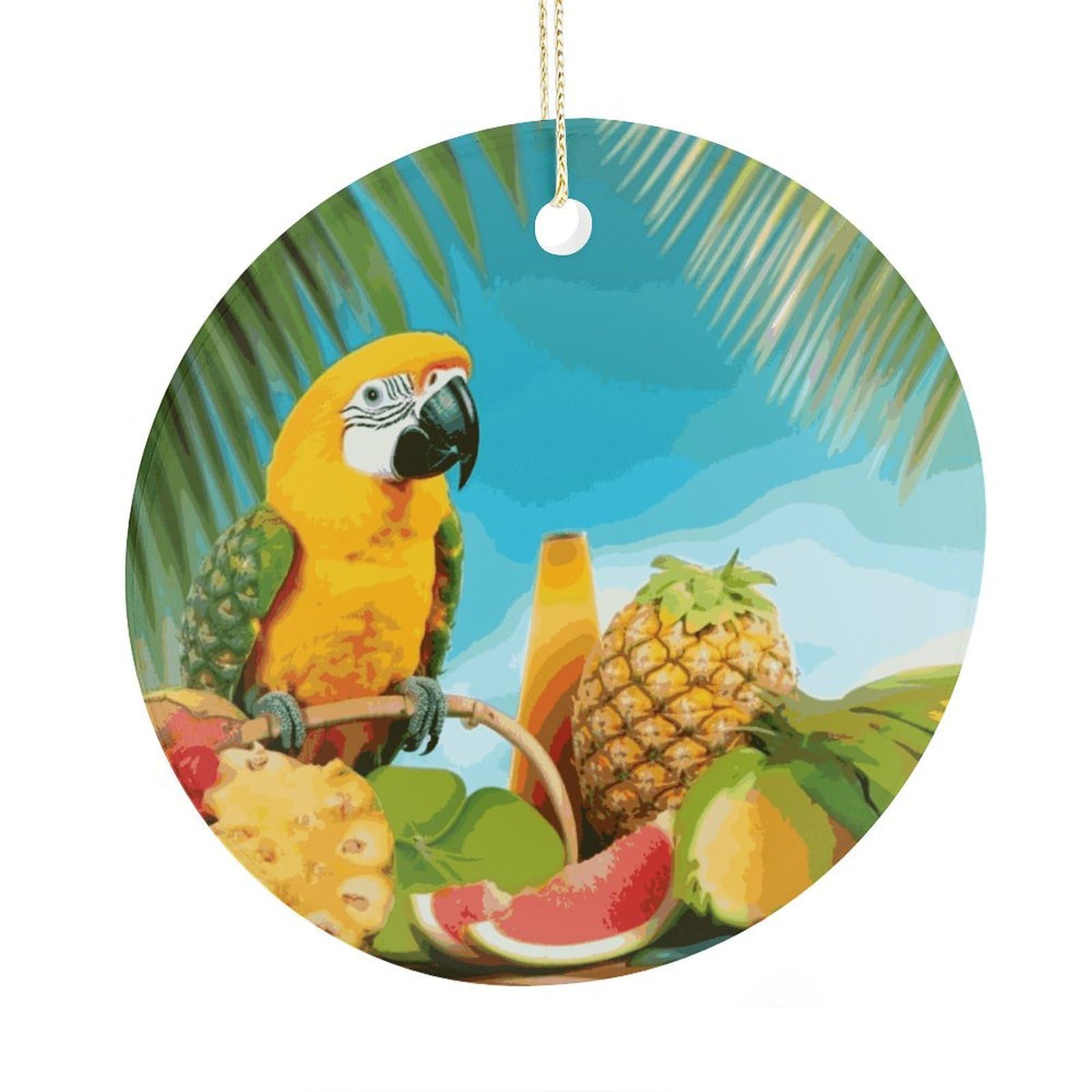 Adfgyerh Style Summer Parrot Pineapple Birds Ceramic Circular Pendant,2.9 Inch，Hanging Ornament，Gift Exchange Idea Round Ceramic Ornament,For Mom And Daughter，For Home Indoor Outdoor Decor.