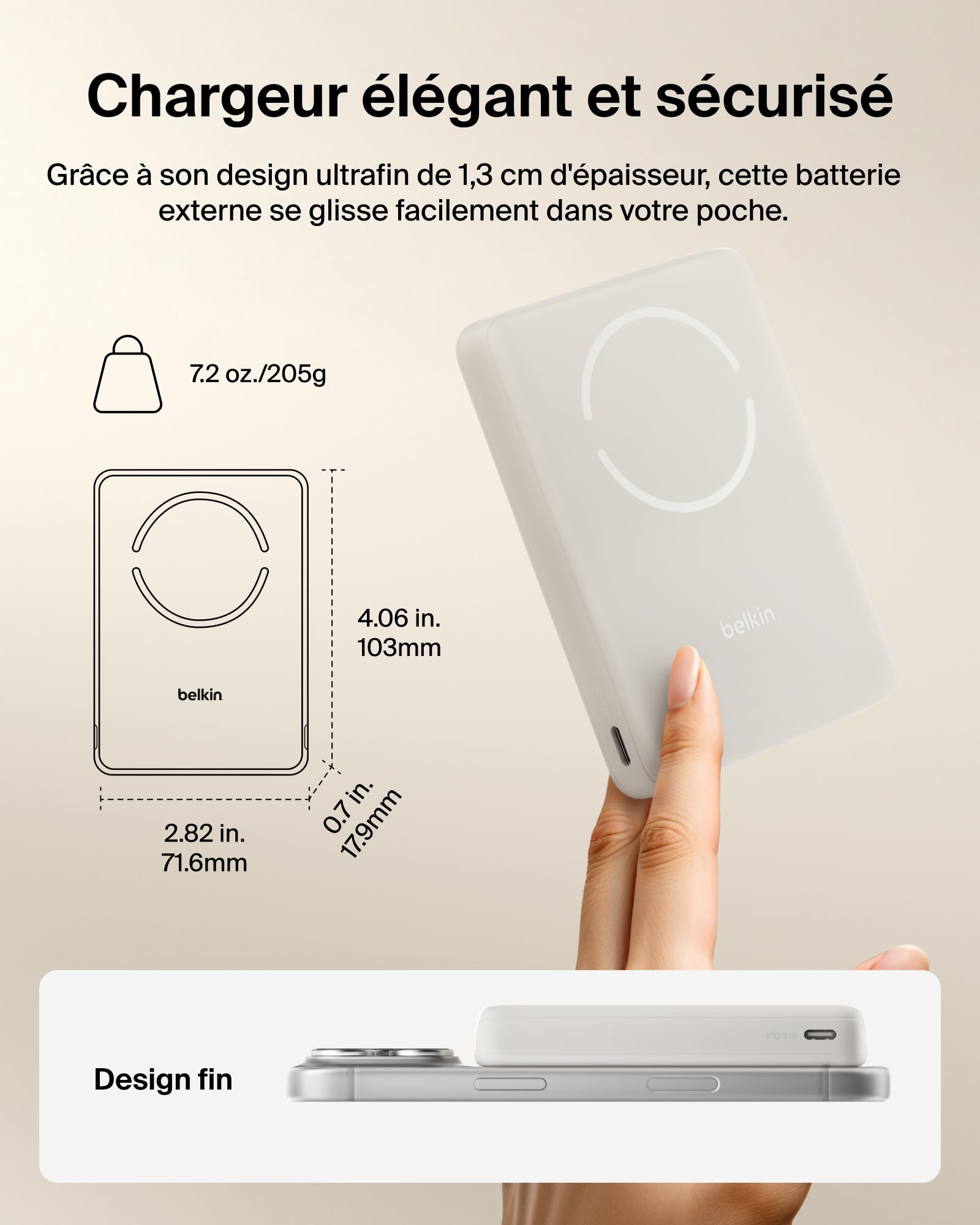 Belkin BoostCharge Batterie Externe Magnétique 10 000 mAh - Beige