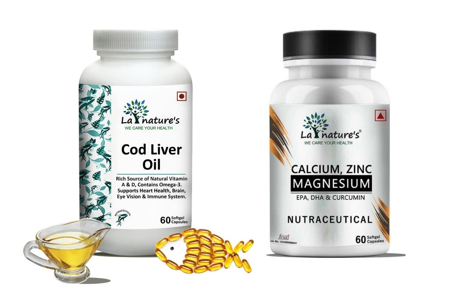 LA NATURES WE CARE YOUR HEALTH Cod Liver Oil 300 Mg, Supports Brain Function & Eye Health + Calcium Magnesium Zinc, Biotin Vitamin D3 For Bones, Joint, Hair, Nail Skin Combo Pack of 120 Capsules) (B09Q5QYQ5P) Amazon Price History, Amazon Price Tracker