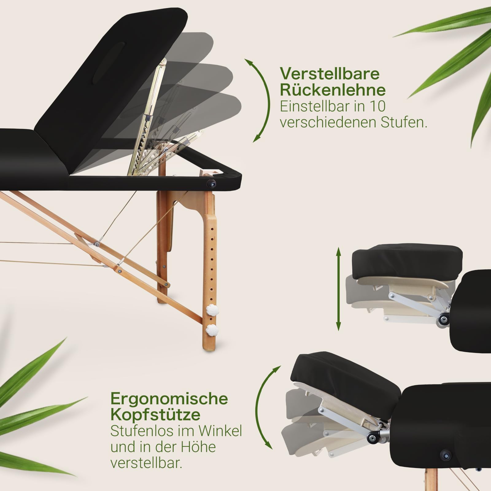 MASSUNDA – Mobile 3 Zonen Massageliege klappbar & höhenverstellbar – Stabiler Massagetisch aus Vollholz – All-Inkl. Massagebank mit ergonomischer Kopfstütze, Bezug, Armlehne, Kissen (Schwarz)