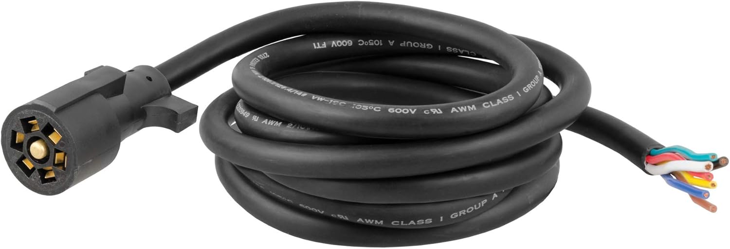 CURT 56623 7-Pin RV Blade Trailer Wiring Harness Plug, coiled with blunt-cut wires visible