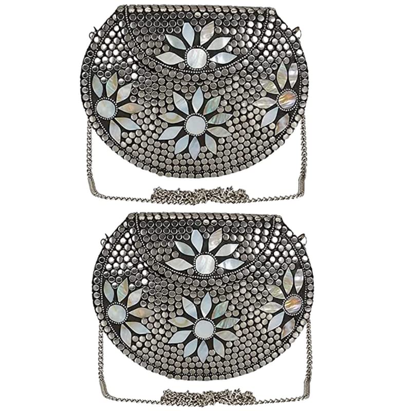 RUKMINI Bridal Women's Antique Brass Purse Ethnic Handmade Metal Clutch Bag Pack of 2, Silver-image-15