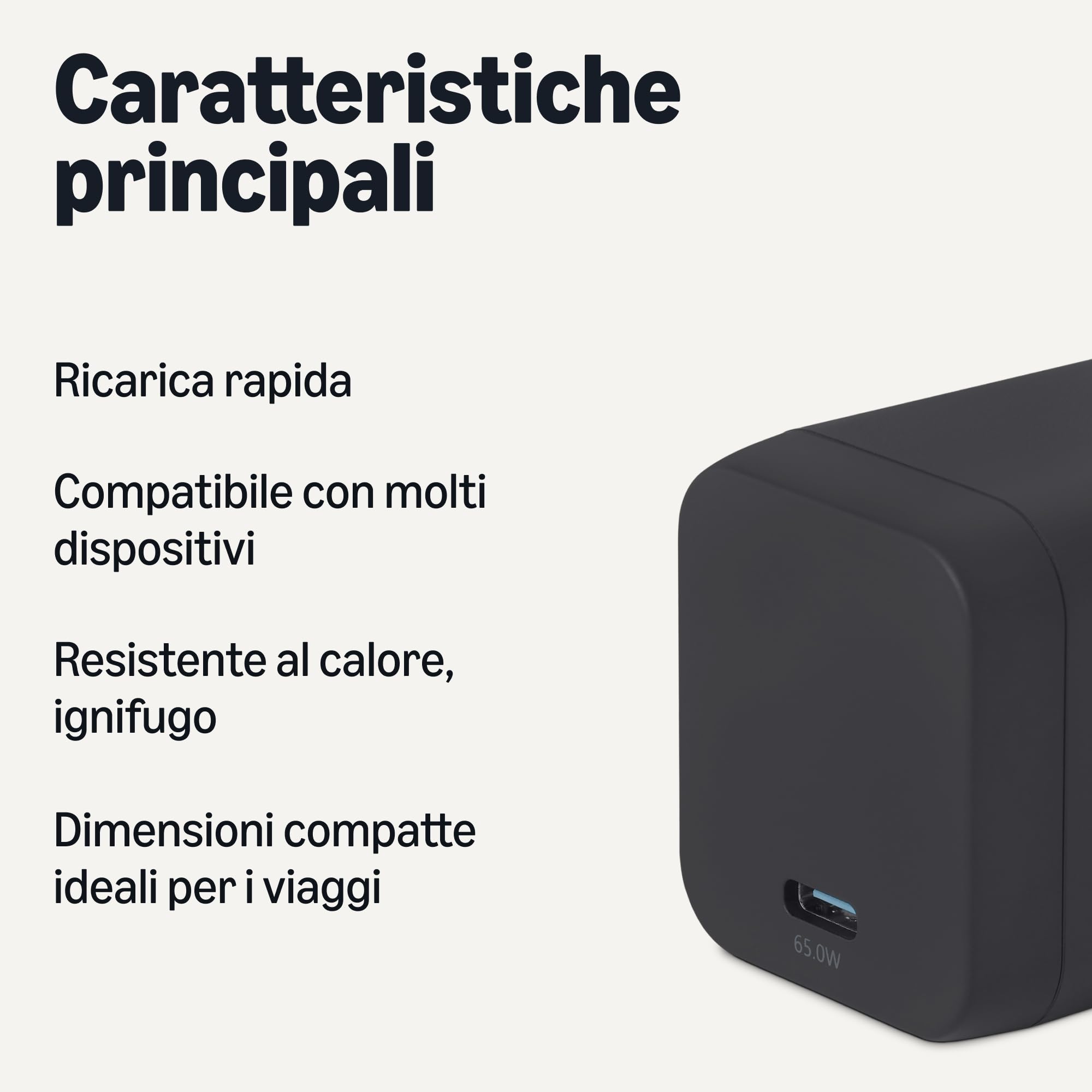 Amazon Basics Caricabatterie da Parete Nano GaN USB-C con Ricarica Rapida, 65W a 1 Porta PD 3.1 per Laptop, Tablet e Smartphone, Nero