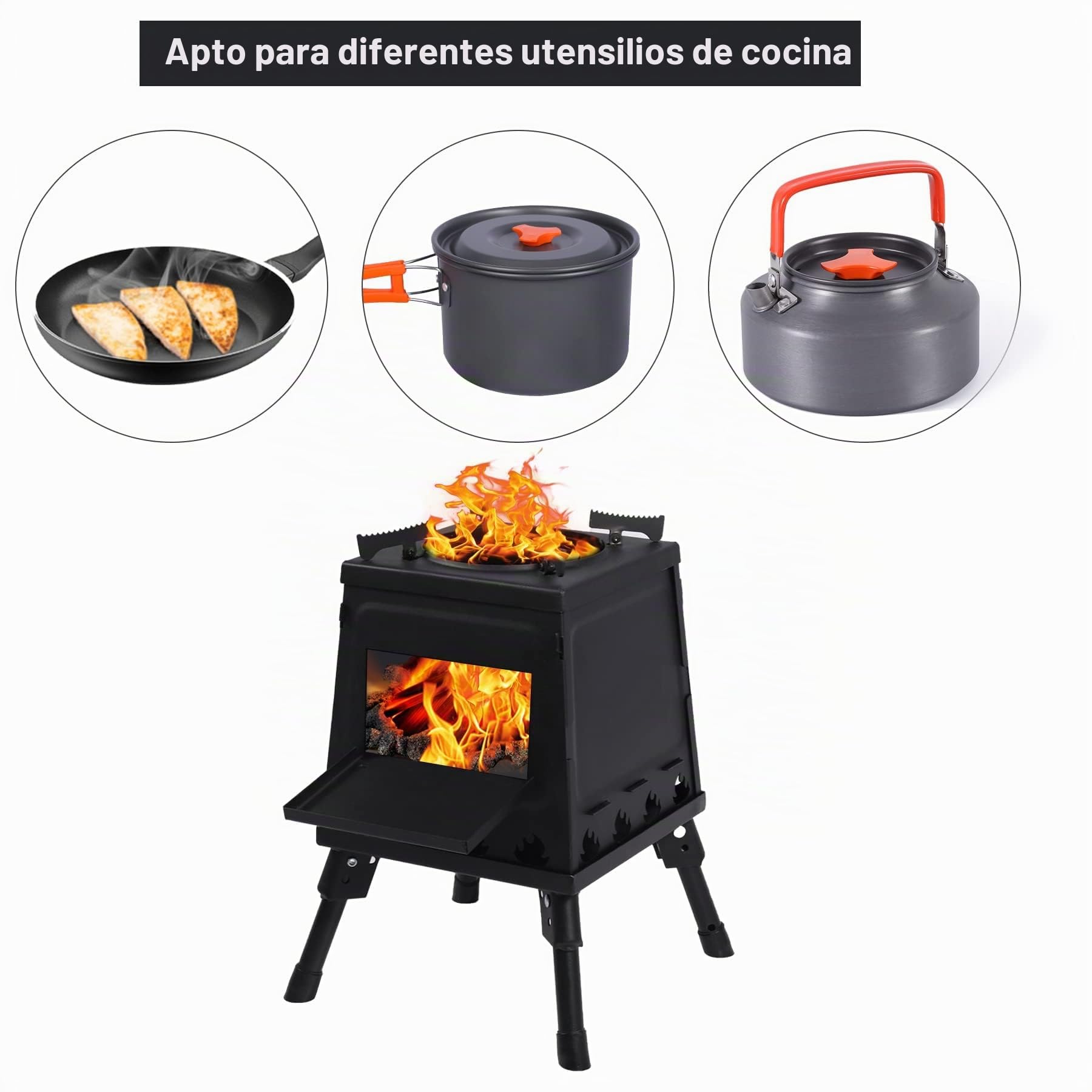 Estufa de Leña Portátil de Hierro Fundido para Camping, Negra Con Funda de Transporte para Mochileros, Cocina Al Aire Libre, Grande