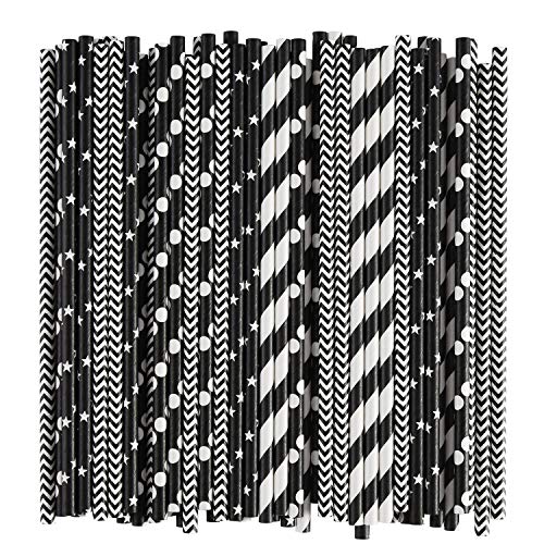 Image of ALINK Biodegradable Black Paper Straws, 100 Stars /Dots /Stripes /Waves Drinking Straws for Juice, Cocktail, Smoothies, Birthday, Wedding, Bridal /Baby Shower and Celebration