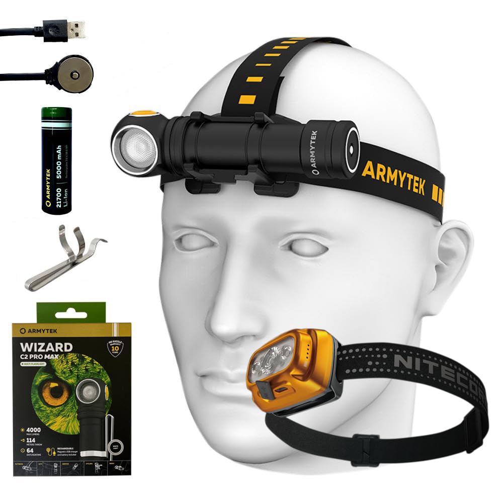 COMBO: Armytek Wizard C2 Pro Max XHP70.2 LED Magnet Rechargeable Headlamp (White) 4000 Lumens w/ NU31 Triple Output Lightweight USB-C Rechargeable