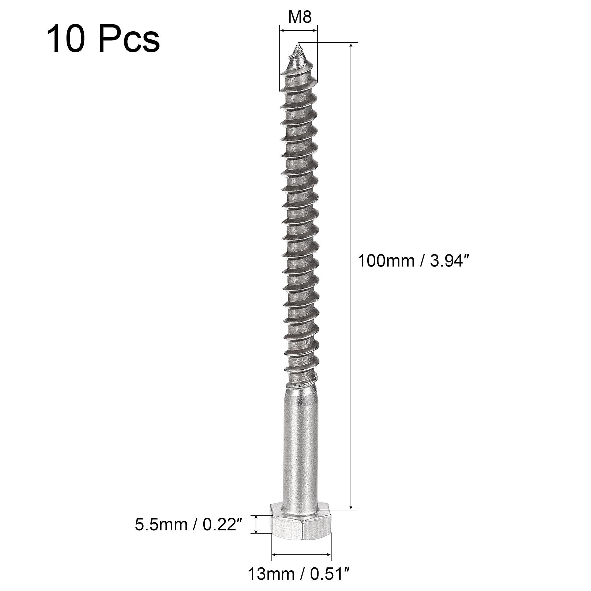 TA-VIGOR 10Pcs Coach Screws, M8 x 100mm Hex Head Lag Bolts - Image 2