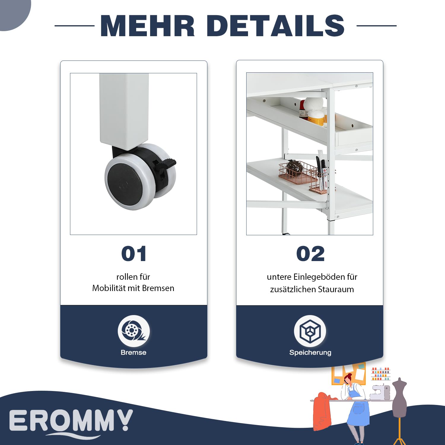 EROMMY Nähtisch Klappbar,Verstellbare Höhe,Holz Klapptisch mit Rädern und Stauraum,Mobiler Zuschneidetisch für große Stoffe,für Nähzimmer Arbeitszimmer Schlafzimmer zu Hause,Weiß
