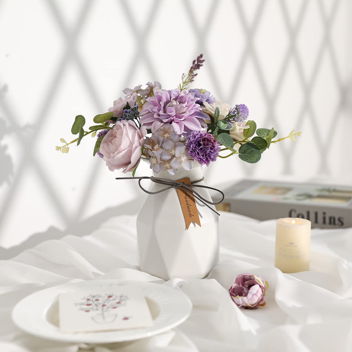 Garisey Künstliche Blumen Kombi-Box Set für DIY Hochzeit Blumenstrauß Arrangements Brautdusche Party Home Dekorationen (Weiß Lila Pfingstrose)