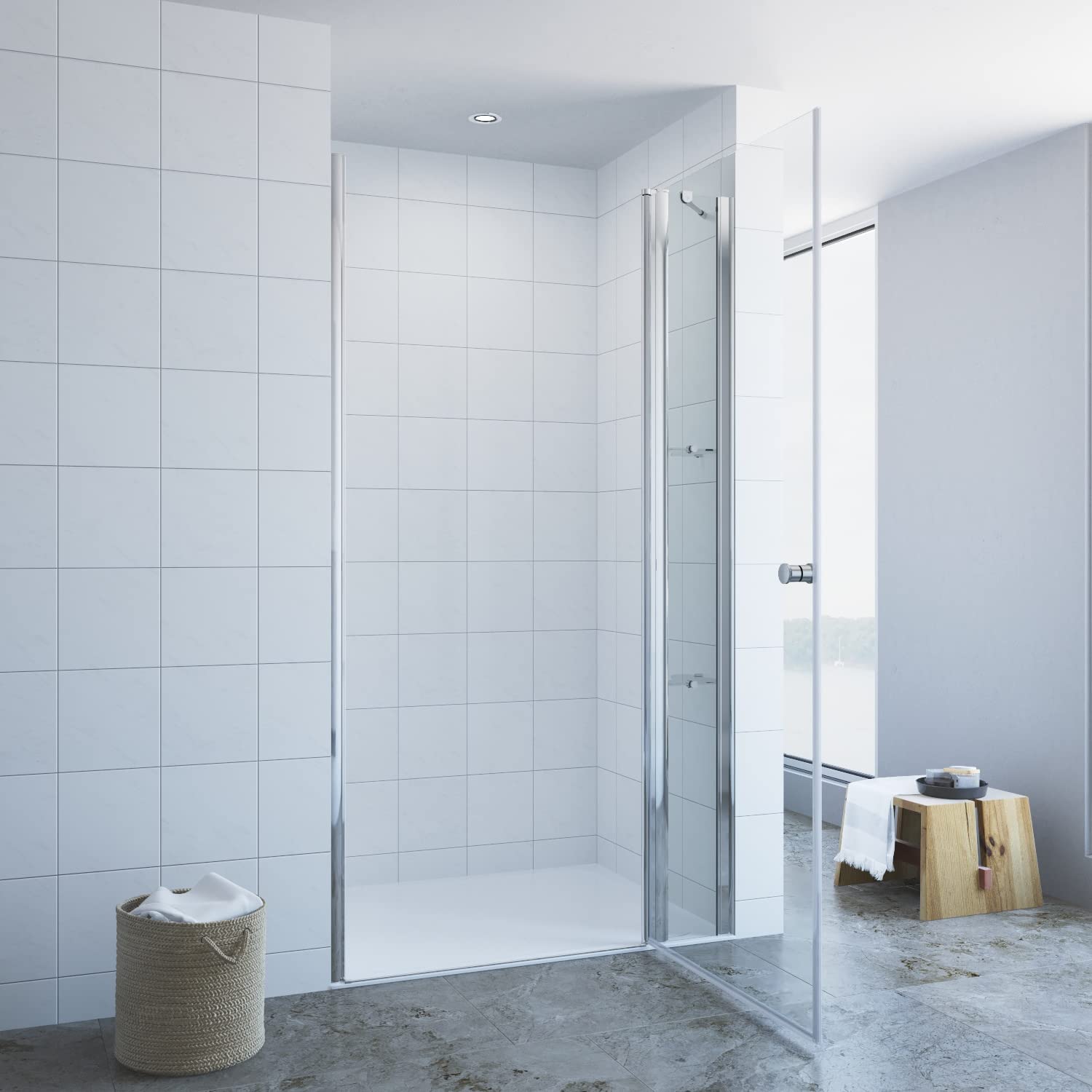 Duschtür mit Festteil und Eckregalen breite 110 cm Verstellbereich 108-111 cm Drehtür Schwingtür mit festem Seitenteil Duschabtrennung Duschwand Glas für Nische Echtglas 6 mm klar NANO-Beschichtung