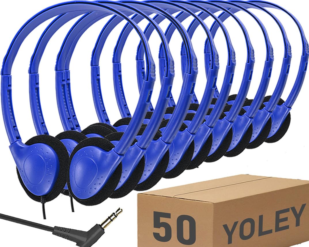 Lot de 50 écouteurs de salle de classe en vrac pour étudiants, enfants et adultes - Prise filaire robuste de 3,5 mm (bleu)