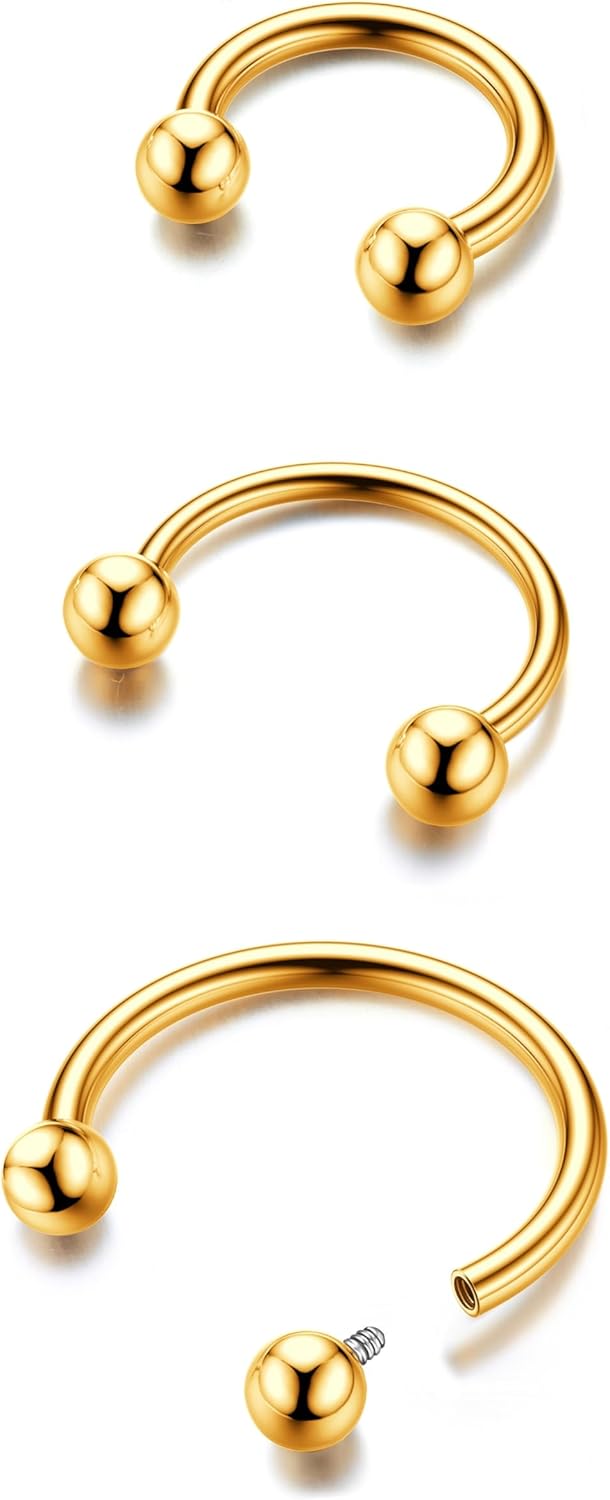 BodyBonita G23 Titanium Horseshoe Septum Rings - 2/3pcs ASTM F136 Titanium Nose Rings Horseshoe Circular Barbell Spikes Septum Jewelry 16G 18G 20G Nose Ear Piercing Jewelry Conch Helix Rook Lip Nipple Cartilage Earring for Women Men Gold/Silver/Black Gold-3pcs Balls-16g-8/10/12mm